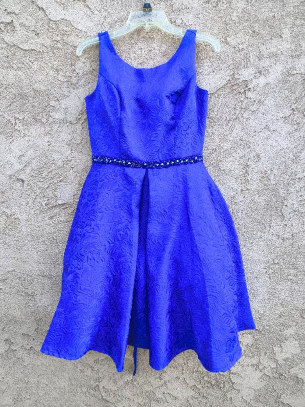 Royal Queen Collection A-Line Dress 8 Blue Brocade Floral Pattern Sleeveless Zip